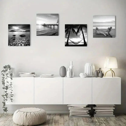 4pcs Black And White Beach Sunrise On Sea Scener Wall Art Canvas Framed