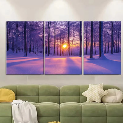 3pcs Winter Sunrise Purple Toned Snowy Forest Land Metal Print Ready to Hang Art - Bella Home Decor