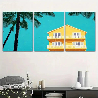 3pcs Blue Background Yellow Three-Story YB   Wall Art Canvas Framed 40x60cm - High Quality Print 100% Australian Made Wall Canvas Ready to Hang - Bella Home Decor