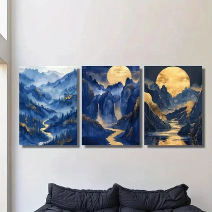 3pcs Gilded Mountains Bright Moon and Rivers Wall Art Canvas Unframed - High Quality Print 100% Australian Made Wall Canvas - Bella Home Decor