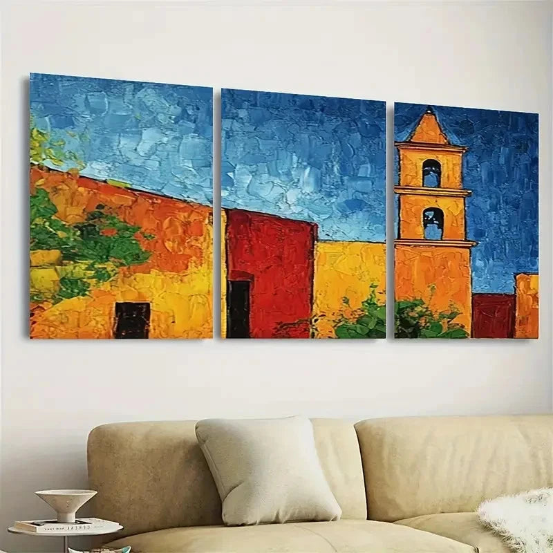 3pcs Vibrant Mexican Bell Tower Wall Art Set Canvas Framed 60x90cm - High Quality Print 100% Australian Made Wall Canvas Ready to Hang - Bella Home Decor