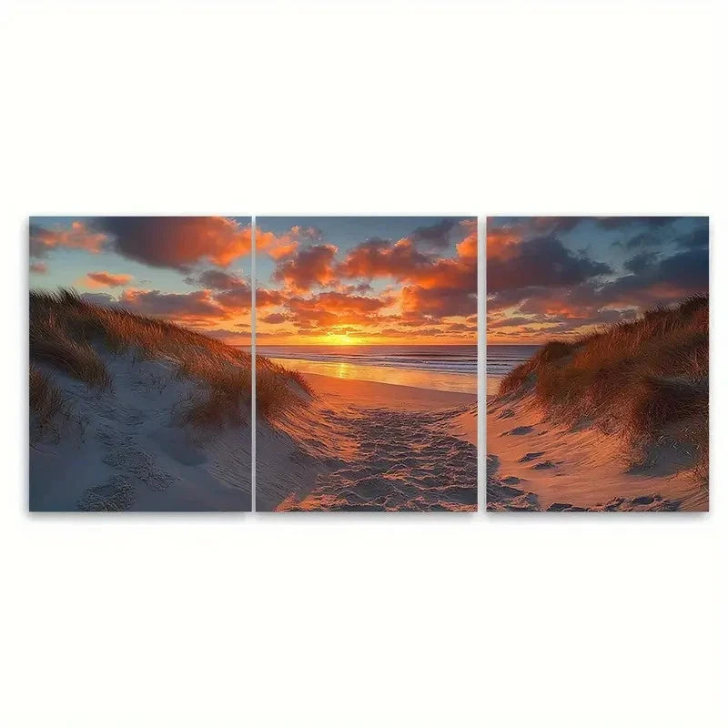 3pcs Crantock Beach Sunset Sand Dunes Wall Art Set Canvas Framed 60x90cm - High Quality Print 100% Australian Made Wall Canvas Ready to Hang - Bella Home Decor