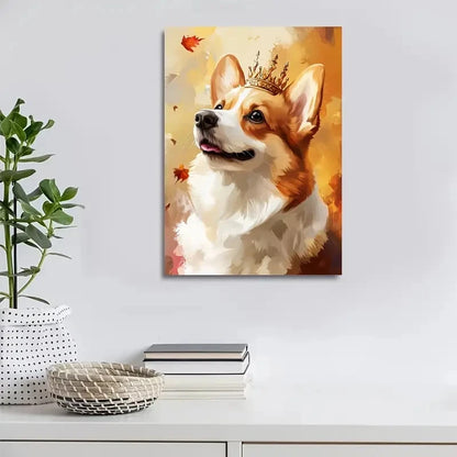 Crowned Corgi with Autumn Leaves Painting 40x60cm Metal Print Ready to Hang - Bella Home Decor