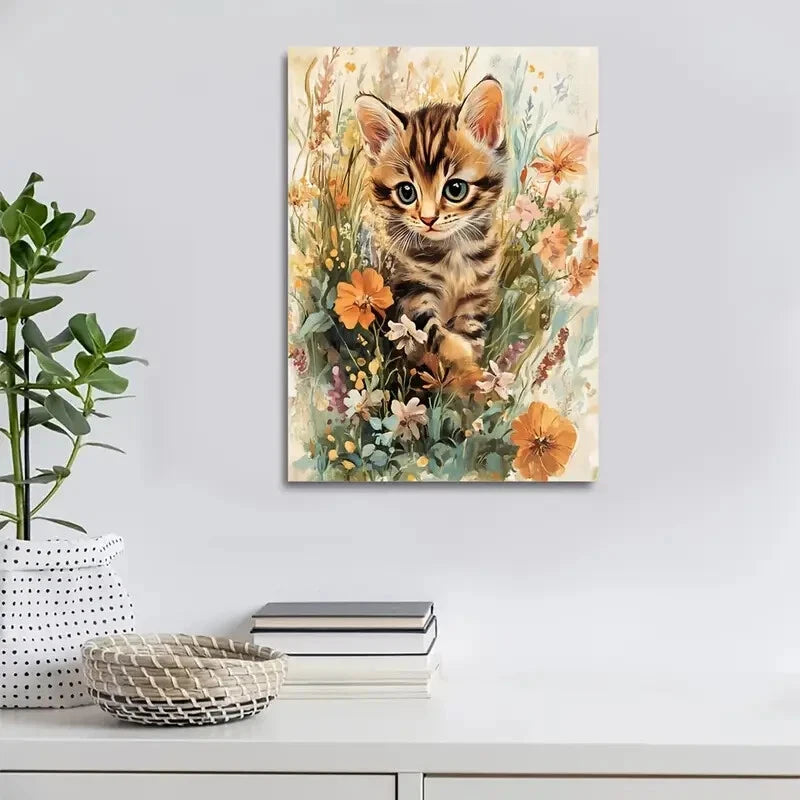 Cute Bengal Kitten with Flowers & Plants Painting 40x60cm Metal Print Ready to Hang