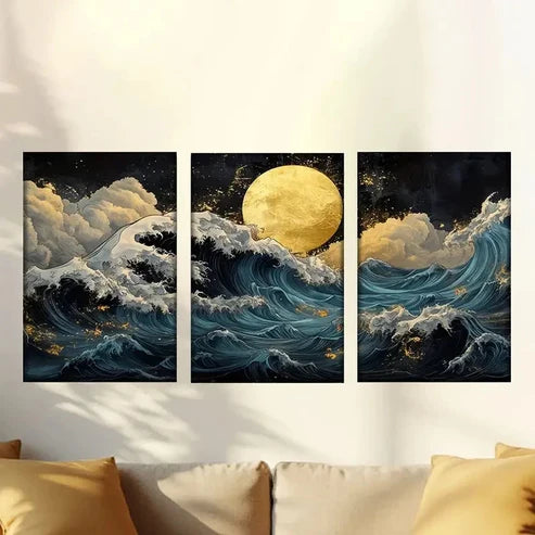 3pcs Painting of a Full Moon Over a Stormy Ocean Wall Art Canvas Unframed – High Quality Print 100% Australian Made Wall Canvas