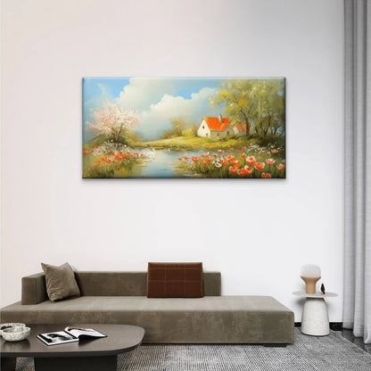House Flowers Field Lake Wall Art Canvas Office Home Room Framed 120x60cm