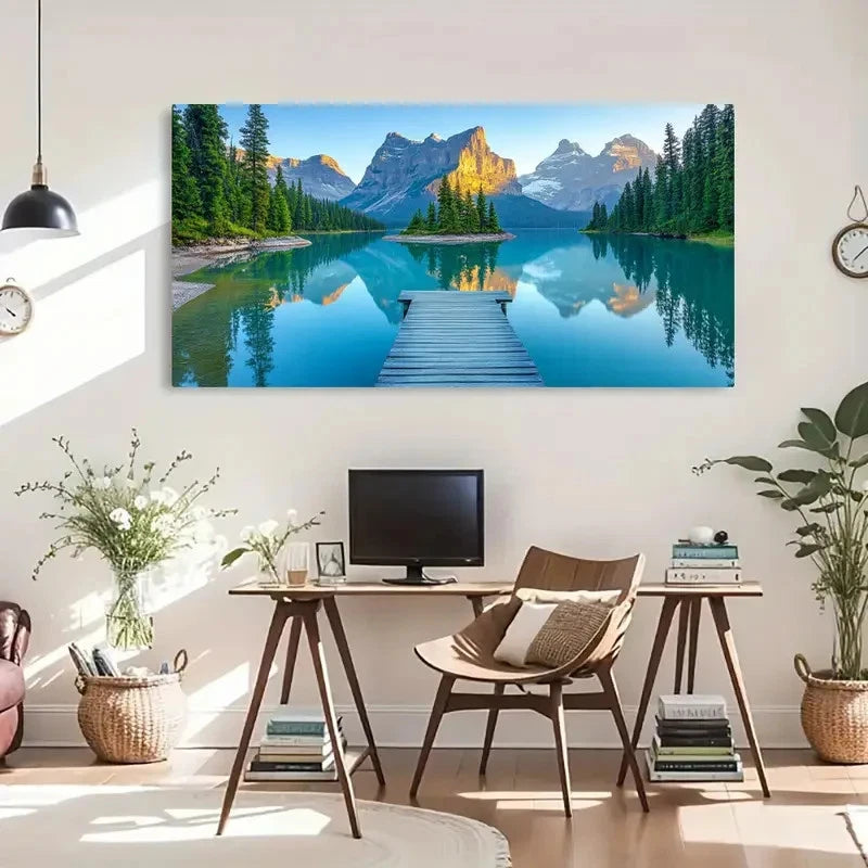Serene Mountain Lake Scenic Wall Art Canvas Office Home Room Framed 120x60cm