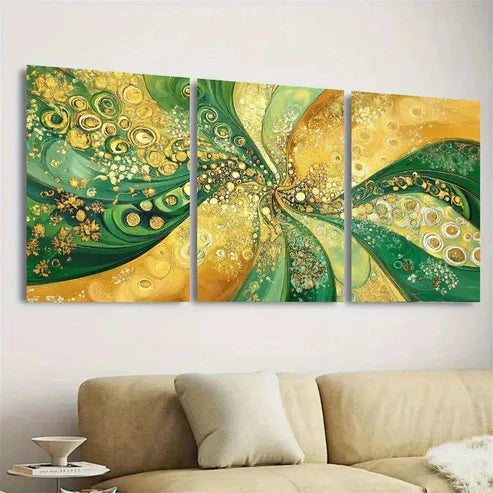 3pcs Bohemian Golden and Green Wall Art Set Canvas Unframed - High Quality Print 100% Australian Made Wall Canvas - Bella Home Decor