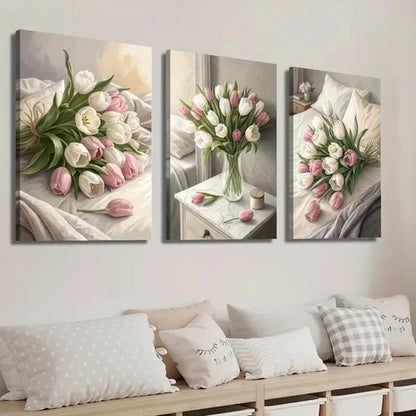 3pcs Tulip Flower Bouquet Botanical Flower Wall Art Set Canvas Unframed - High Quality Print 100% Australian Made Wall Canvas
