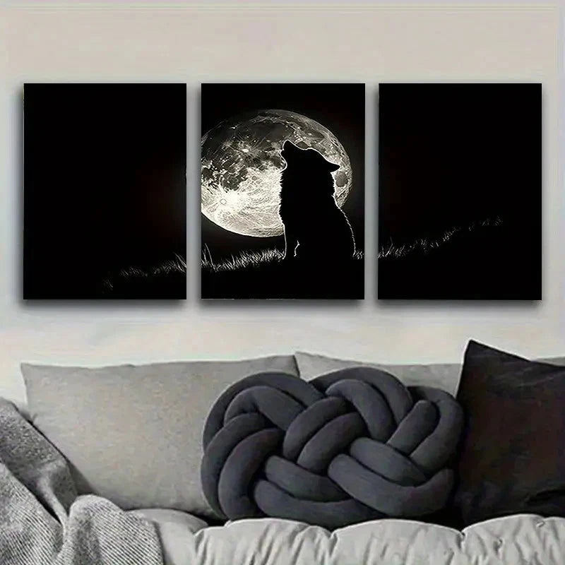3pcs Silhouette of Wolf Howling at Moon Wall Art Set Canvas Framed 60x90cm - High Quality Print 100% Australian Made Wall Canvas Ready to Hang - Bella Home Decor