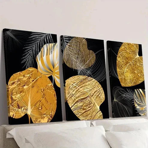 3pcs Abstract Nordic Golden Plant Leaves Wall Art Canvas Unframed - High Quality Print 100% Australian Made Wall Canvas - Bella Home Decor