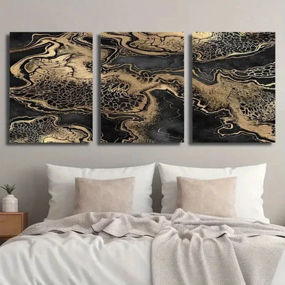 3pcs Abstract Black And Golden Fluid Decor Wall Art Set Canvas Unframed - High Quality Print 100% Australian Made Wall Canvas - Bella Home Decor