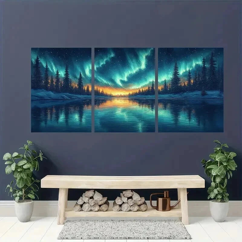 3pcs Northern Lights Borealis Aurora Night Wall Art Set Canvas Framed 40x60cm - High Quality Print 100% Australian Made Wall Canvas Ready to Hang - Bella Home Decor