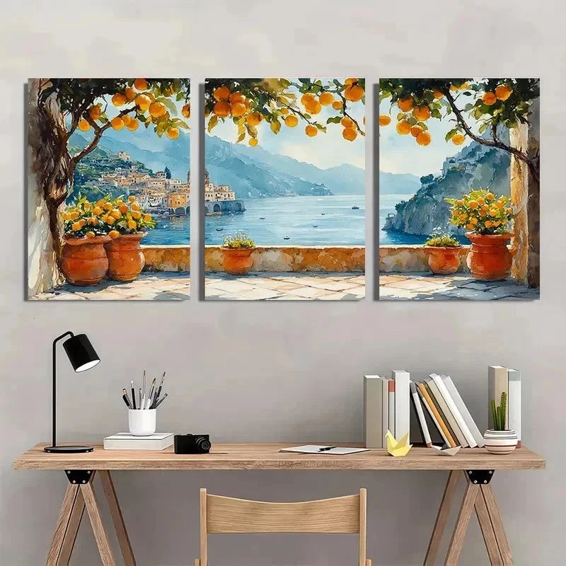 3pcs Cityscape Lemon Tree Mediterranean Perfect Wall Art Set Canvas Framed 40x60cm - High Quality Print 100% Australian Made Wall Canvas Ready to Hang - Bella Home Decor