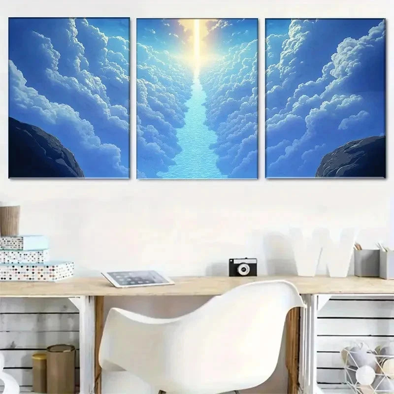 3pcs Clouds and Light'S Heavenly Path Metal Print Ready to Hang Art - Bella Home Decor