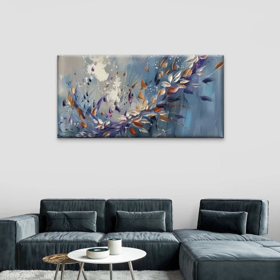 Vibrant Flowers Leaves On Blue Wall Art Canvas Office Home Room Framed 120x60cm
