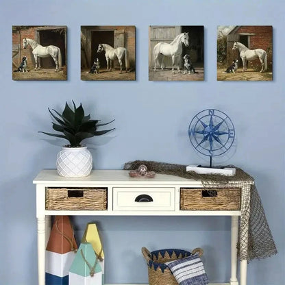 4pcsWhite Horse and Border Colli Wall Art Canvas Framed