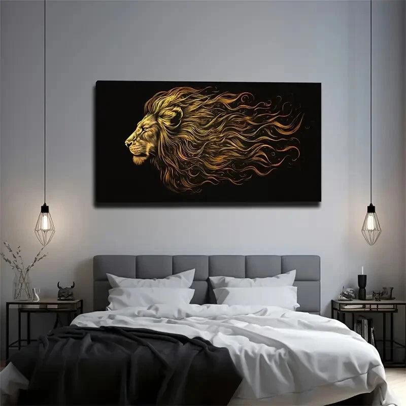 The Golden Tone The Lion Stand Wall Art Canvas Office Home Room Framed 120x60cm - Bella Home Decor
