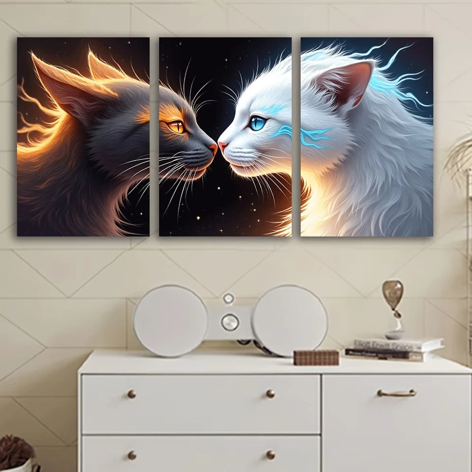 3pcs Vibrant Orange Blue White Black Cats Wall Art Set Canvas Framed 40x60cm - High Quality Print 100% Australian Made Wall Canvas Ready to Hang