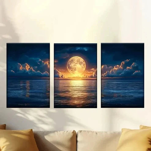 3pcs A Full Moon Over the Ocean with Clouds Wall Art Canvas Unframed - High Quality Print 100% Australian Made Wall Canvas - Bella Home Decor