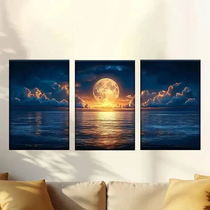 3pcs A Full Moon Over the Ocean with Clouds Wall Art Canvas Unframed - High Quality Print 100% Australian Made Wall Canvas - Bella Home Decor