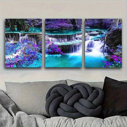 3pcs Mystical Waterfall and Blossoms Wall Art Set Canvas Framed 50x70cm - High Quality Print 100% Australian Made Wall Canvas Ready to Hang