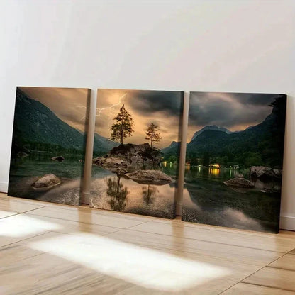 3pcs Forest Stones in the Lake & Lightning Wall Art Set Canvas Framed 50x70cm - High Quality Print 100% Australian Made Wall Canvas Ready to Hang - Bella Home Decor