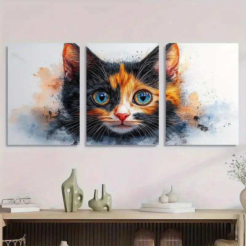 3pcs Calico Cat Cute Kitten Artwork Perfect Wall Art Set Canvas Framed 50x70cm - High Quality Print 100% Australian Made Wall Canvas Ready to Hang - Bella Home Decor