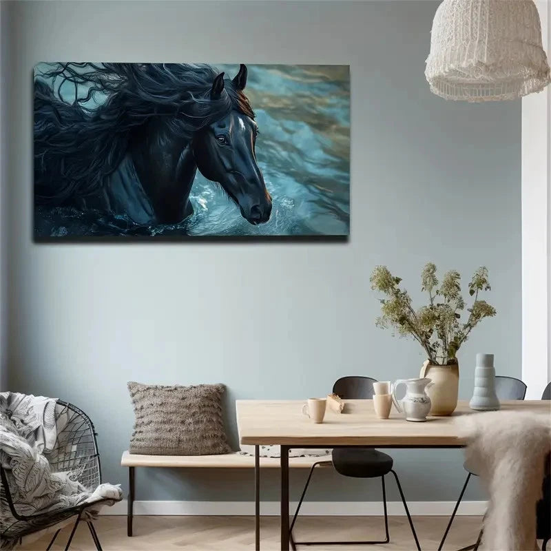 Realistic Black Horse Water Wall Art canvas office home room framed 120x60cm