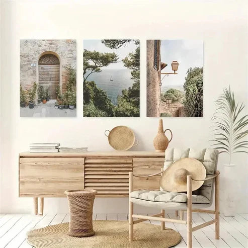 3pcs Mediterranean Landscape with Stone Door Wall Art Canvas Unframed - High Quality Print 100% Australian Made Wall Canvas