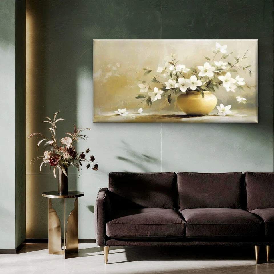 Serene Blossoms in Gold Wall Art Canvas Office Home Room Framed 120x60cm - Bella Home Decor