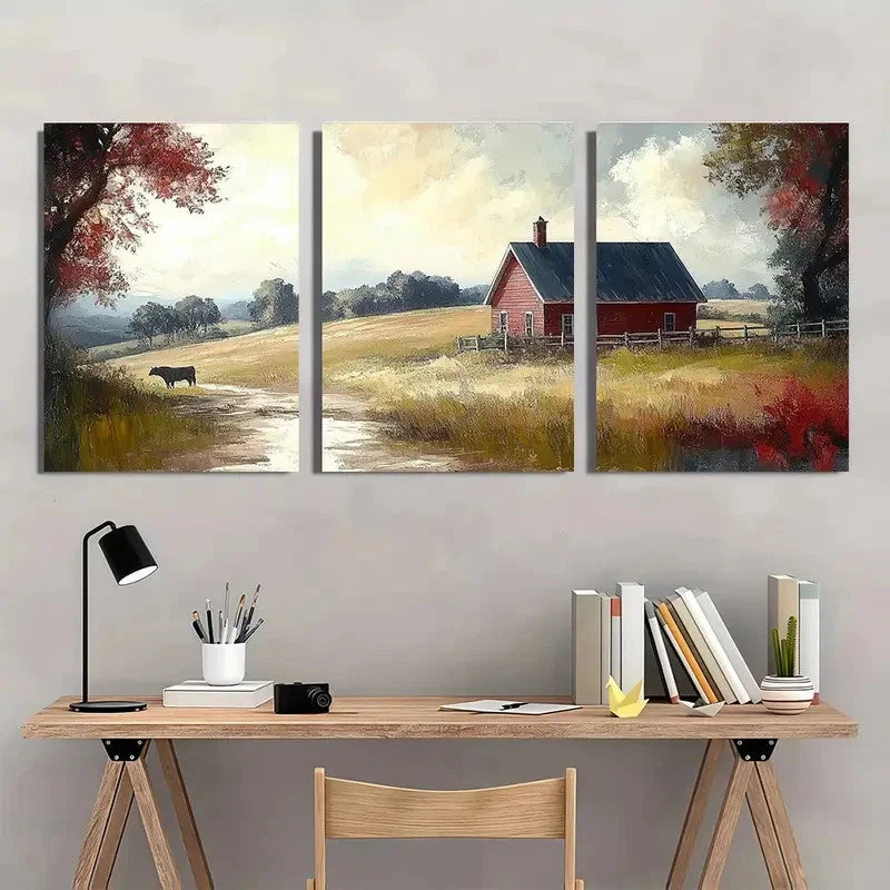 3pcs Countryside Landscape, Red Barn RT  Wall Art Set Canvas Framed 50x70cm - High Quality Print 100% Australian Made Wall Canvas Ready to Hang - Bella Home Decor