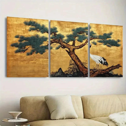 3pcs Minhwa Pine Tree & Cranes Wall Art Set Canvas Framed 40x60cm - High Quality Print 100% Australian Made Wall Canvas Ready to Hang - Bella Home Decor