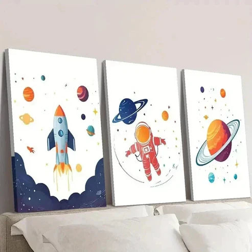 3pcs Astronaut With Rocket Floating in Space Wall Art Set Canvas Unframed - High Quality Print 100% Australian Made Wall Canvas - Bella Home Decor