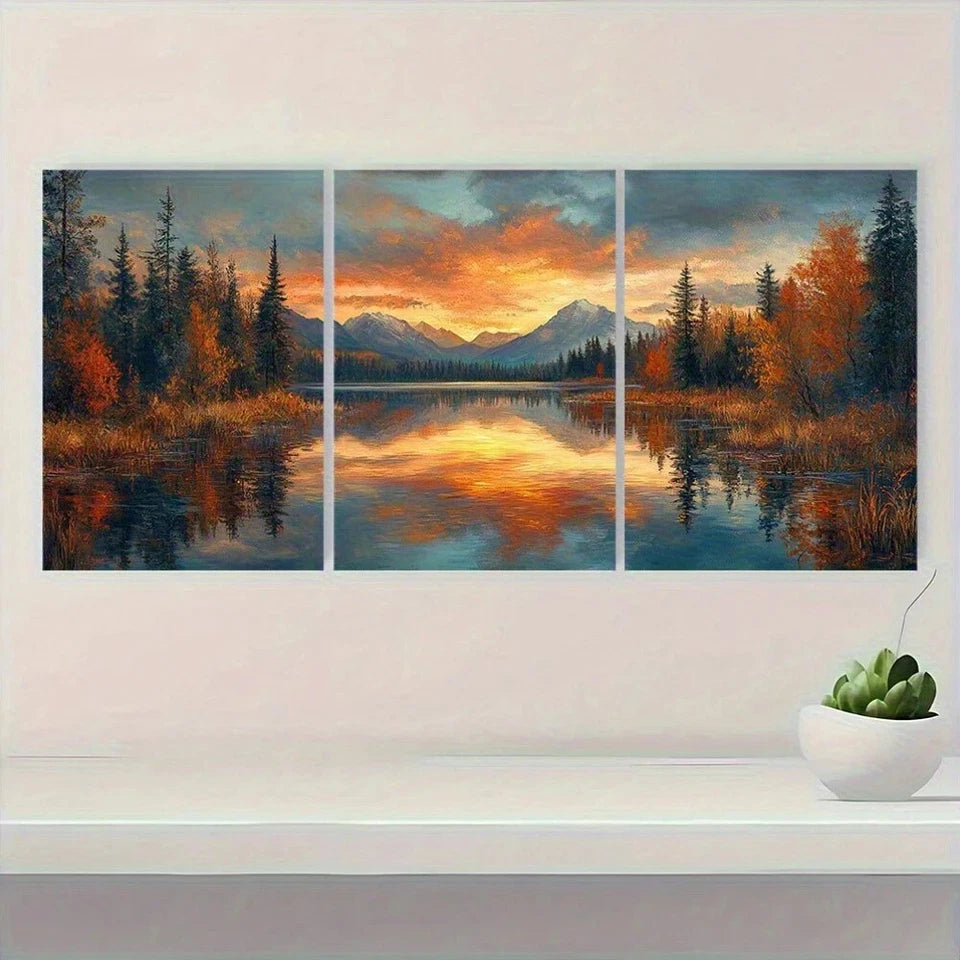 3pcs Modern Lake Nature Scenery Metal Print Ready to Hang Art - Bella Home Decor
