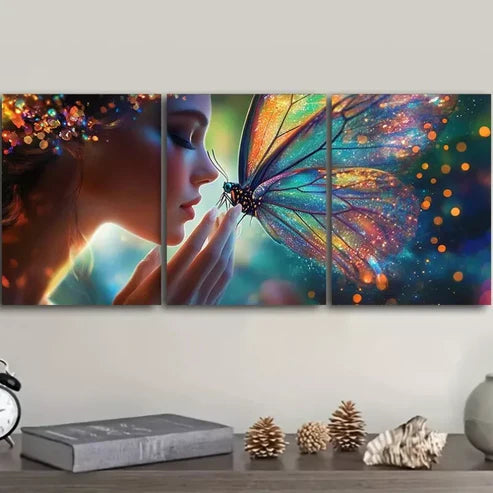 3 PCS Butterfly Resting On Woman’s Face Wall Art Set Canvas Unframed - High Quality Print 100% Australian Made Wall Canvas - Bella Home Decor