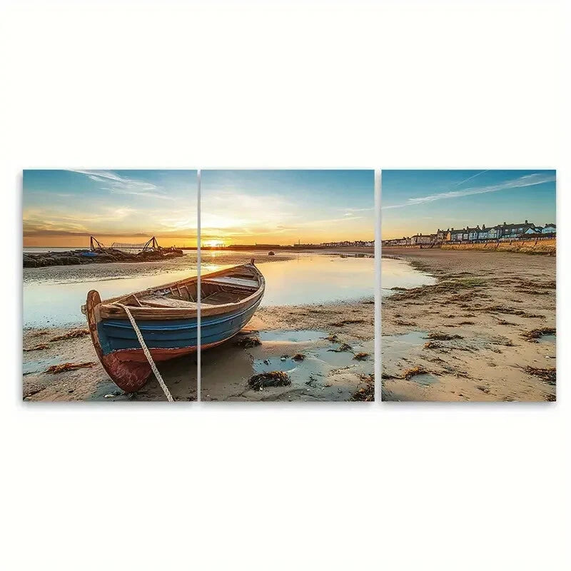 3pcs Featuring Serene Beach Scene with Boat Metal Print Ready to Hang Art - Bella Home Decor