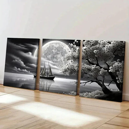 3pcs Boat River Moon Cherry Blossoms Wall Art Canvas Unframed - High Quality Print 100% Australian Made Wall Canvas - Bella Home Decor