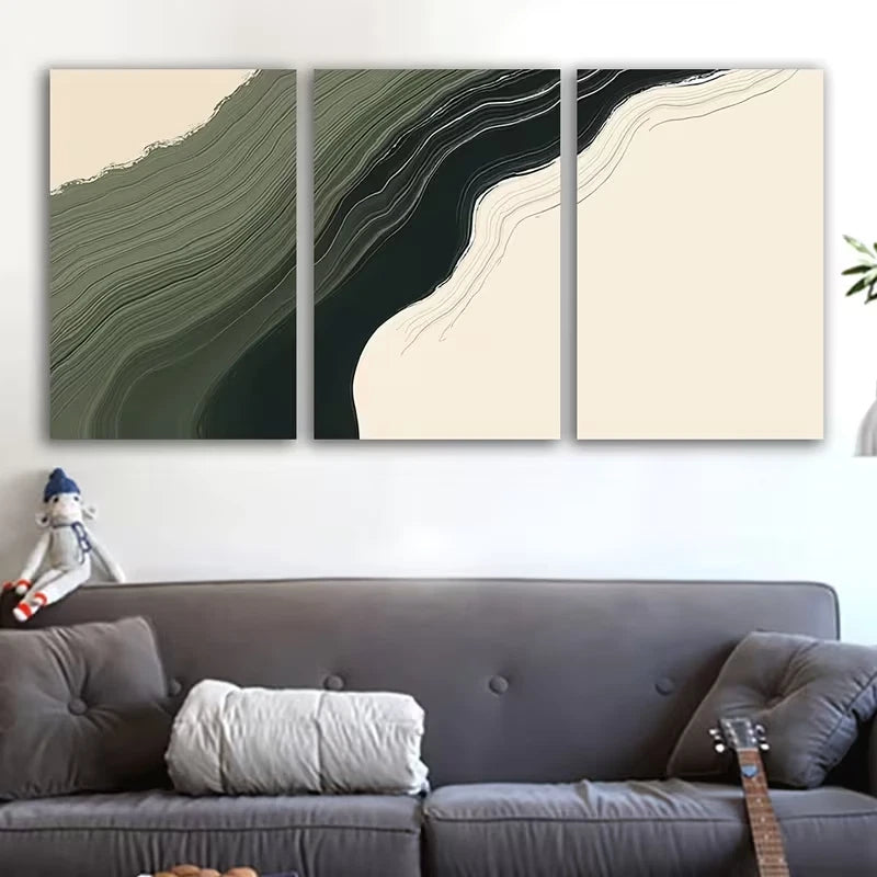 3pcs Green Black Abstract Wave Painting Wall Art Set Canvas Framed 50x70cm - High Quality Print 100% Australian Made Wall Canvas Ready to Hang