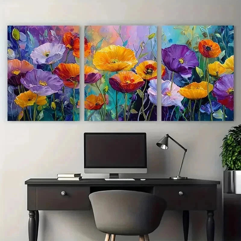 3pcs Colorful Flower Field Painting Perfect Wall Art Set Canvas Framed 50x70cm - High Quality Print 100% Australian Made Wall Canvas Ready to Hang - Bella Home Decor