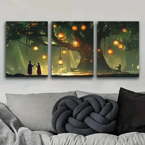 3pcs Lanterns & Old Tree Night Scene Perfect Wall Art Set Canvas Unframed - High Quality Print 100% Australian Made Wall Canvas