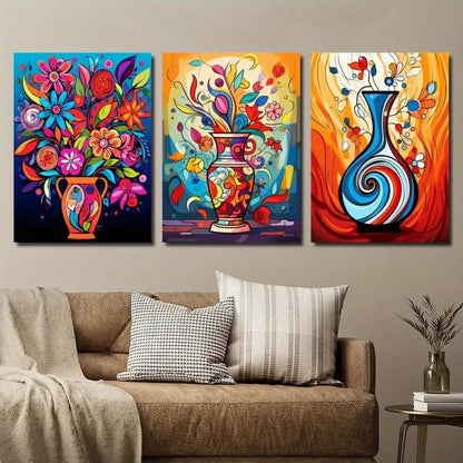 3pcs Abstract Plant and Flower Colorful Vase Metal Print Ready to Hang Art - Bella Home Decor