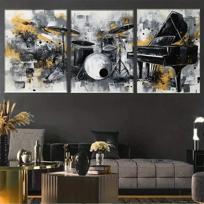 3pcs Piano & Drums Abstract Gray Yellow Wall Art Canvas - High Quality Print 100% Australian Made Wall Canvas