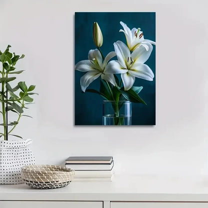 Elegant White Lilies Dark Blue Background Painting 40x60cm Metal Print Ready to Hang - Bella Home Decor