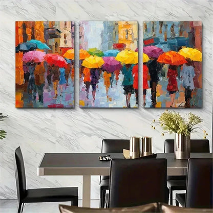 3pcs Vibrant Rainy Street Scene Perfect Wall Art Set Canvas Framed 50x70cm - High Quality Print 100% Australian Made Wall Canvas Ready to Hang