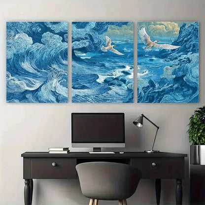 3pcs Reykjavik Décor Blue Seagull Perfect Wall Art Set Canvas Framed 50x70cm - High Quality Print 100% Australian Made Wall Canvas Ready to Hang