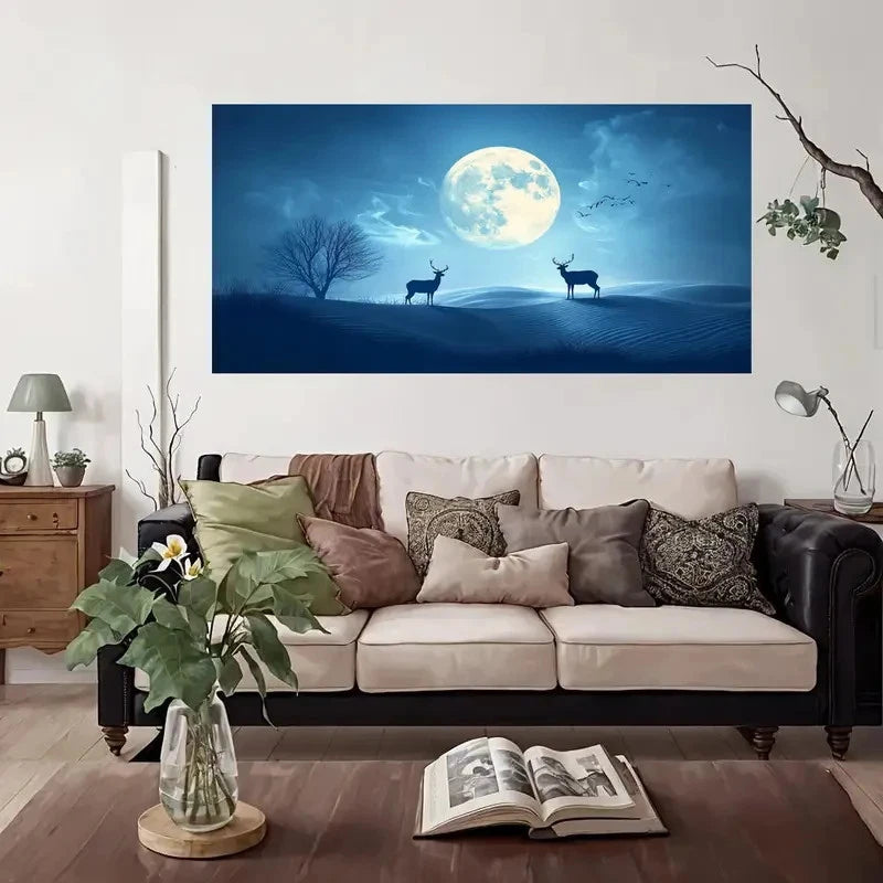 Two Deer Night Sky Wall Art Canvas Office Home Room Framed 120x60cm