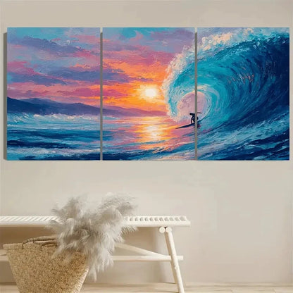 3pcs Sunset Surfer Coastal Wall Art Set Canvas Framed 50x70cm - High Quality Print 100% Australian Made Wall Canvas Ready to Hang