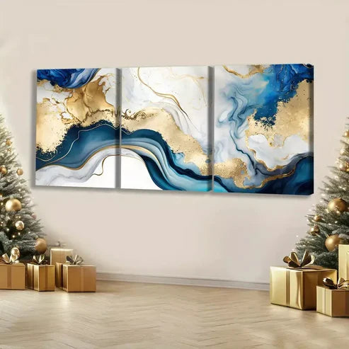 3pcs Abstract Swirls Of Painting In Colors Of Blue & Gold Wall Art Set Canvas Unframed - High Quality Print 100% Australian Made Wall Canvas