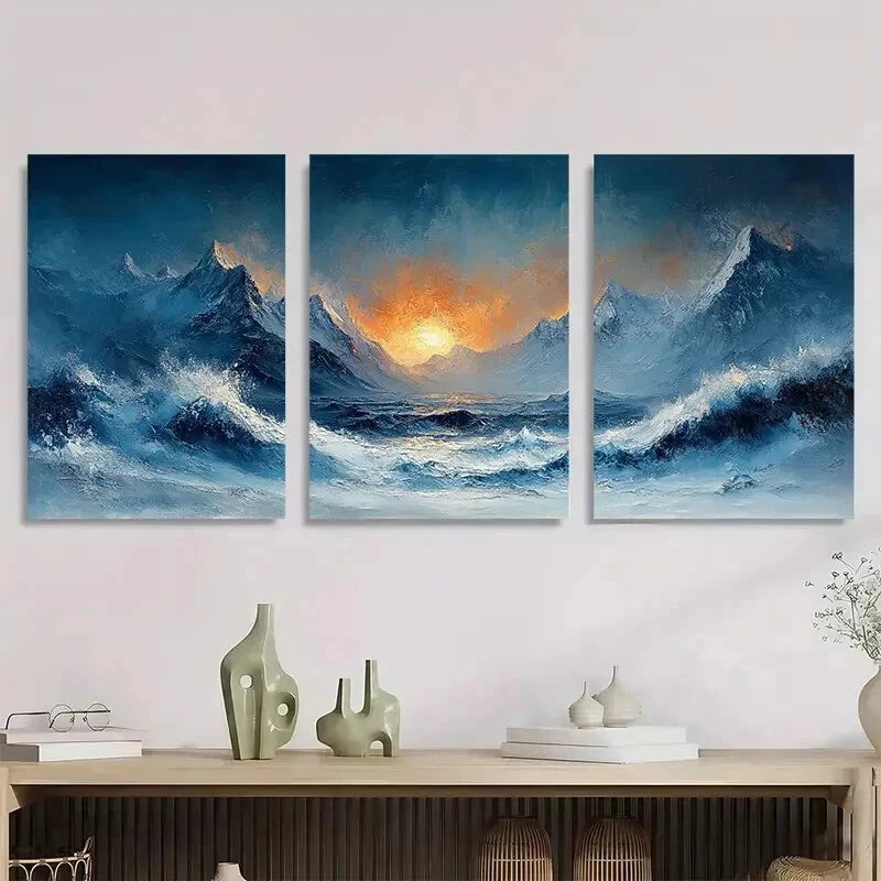 3pcs Abstract Wave & Mountain Landscape Perfect Wall Art Set Canvas Framed 50x70cm - High Quality Print 100% Australian Made Wall Canvas Ready to Hang - Bella Home Decor